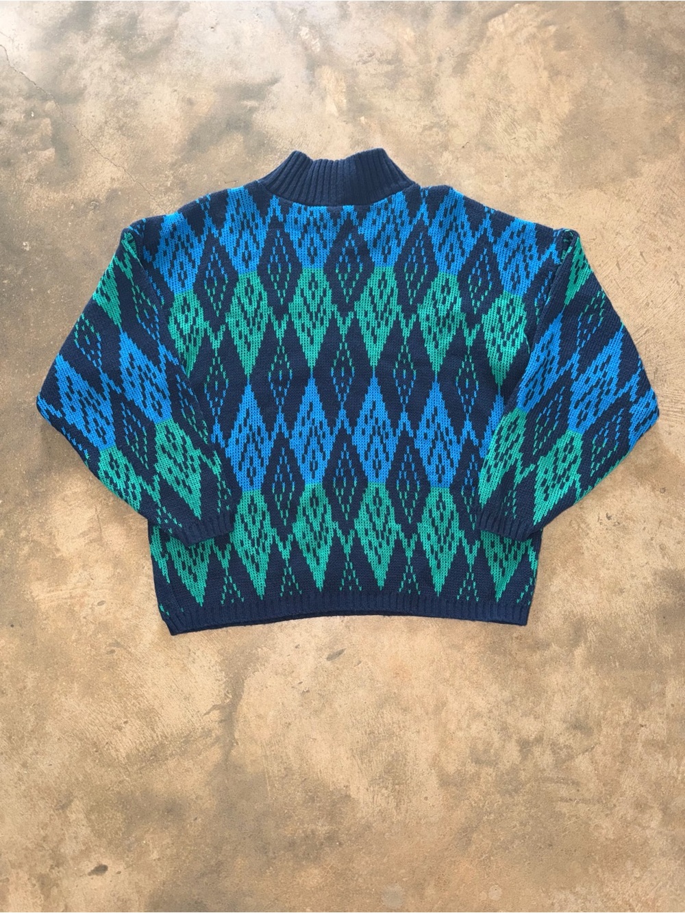 Vintage Croquet Club Argyle Mock Neck Sweater Blue Green Geometric Large
